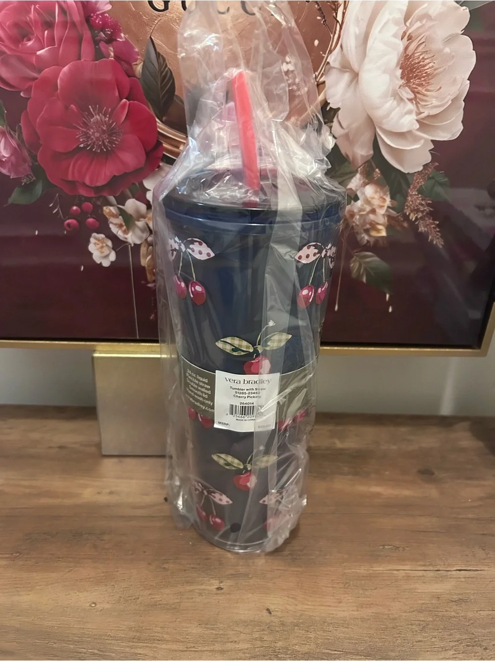 Vera Bradley Cherry Picking Print Navy Travel Tumbler with Straw